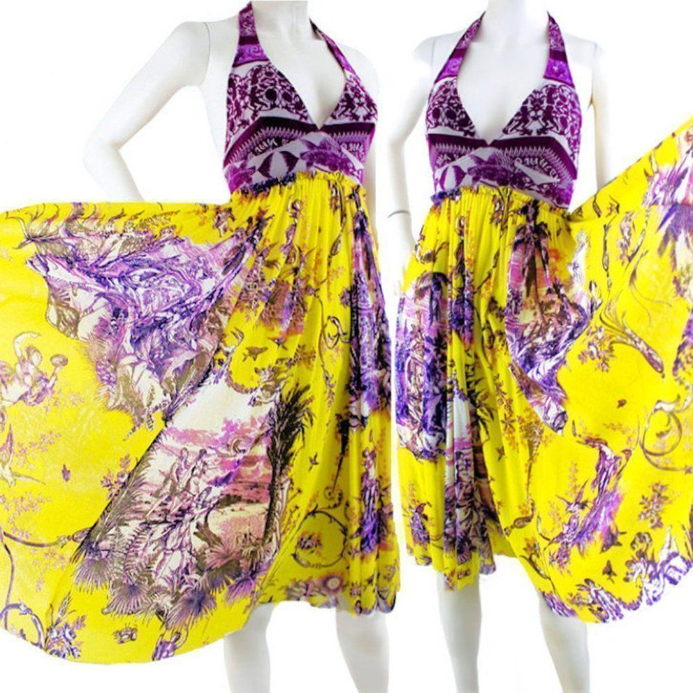 1990's JEAN PAUL GAULTIER Mythical Print Yellow and Purple Vintage Halter Dress